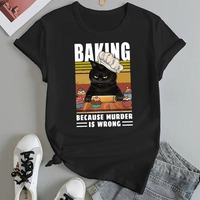 TEMU Women's Casual Crew Neck T-shirt, Polyester With Spandex, Medium Stretch Knit Fabric, Short Sleeve, Regular Fit, With Black Cat Baking Graphic, For Summer Tee Image