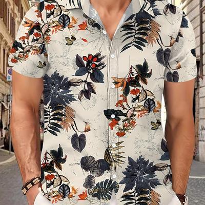 TEMU Fashion Print Short-sleeve Button-up Shirt For Men, Suitable For Spring, Summer, And Autumn, Men's Tops. Image
