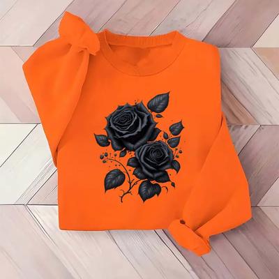 TEMU Black Roses Printed Casual Long-sleeved Knitted Sweater, Soft And Comfortable Polyester Pullover For Women, Crew Neck, Stretch, 250g/㎡, Image