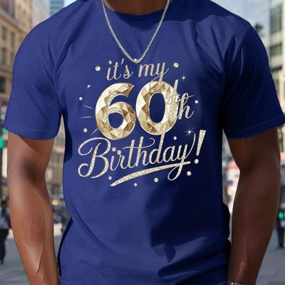 TEMU Men's 60th Birthday T-shirt, Casual Crew Neck Short Sleeve Tee, 100% Polyester Knit Fabric, Regular Fit, Stretch, Summer Geometric-pattern Top, 150g/m² - Black Image