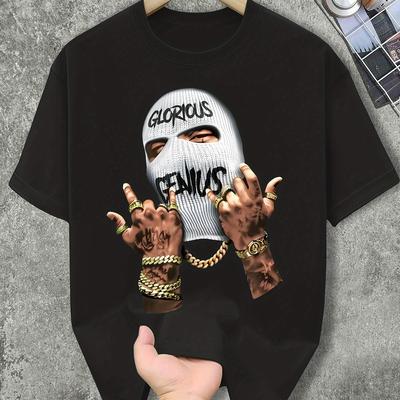 "TEMU Y2k Graphic Tee - "" Mask Print, & Tattoo Design, Casual Crew Neck Short Sleeve T-shirt For Men, Streetwear Fashion, Casual Wear | Print Tee | , Plus Size" Image
