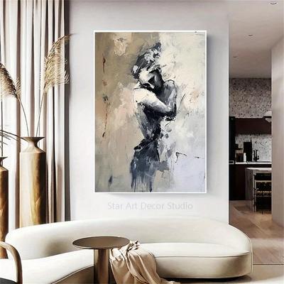 TEMU Hand-painted Couple Embrace Oil Painting On Canvas - Theme Wall Art, Deep Gray & Blue Tones, Modern Home Decor For Living Room Or Bedroom, Couples Bedroom Decor Image