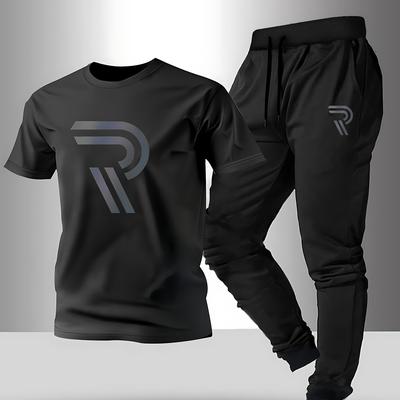 TEMU Men's Round Neck Short Sleeve T-shirt And Pants Set, Slim Fit, Fashion , Suitable For Outdoor Activities, Party Dating, Commuting Wear Image