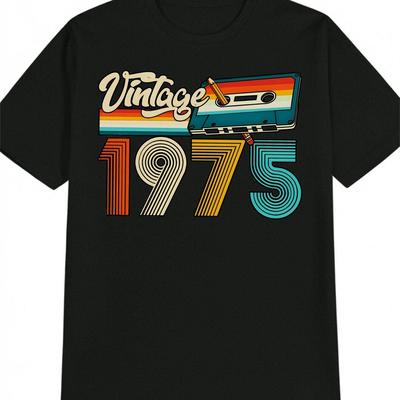 TEMU Men's Vintage 1975 Graphic T-shirt - Casual Crew Neck, Black With Colorful Tape Design, Summer, Adult Gift, Casual Summer Wear | Vintage Tape Design | , Vintage T Shirts Image