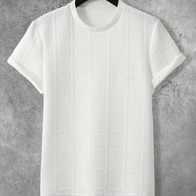 TEMU Men's Casual Embossed Pattern Short Sleeve T-shirt, 100% Polyester Crew Neck Knit Fabric, Stretch, Solid Color Top Image