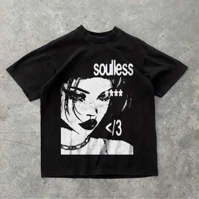 TEMU Men's Punk Aesthetic Graphic Print Cotton T-shirt - Oversized Black Rock Goth Tee With Soulless Design & Edgy Artwork, 2000s Retro Streetwear, Hip Hop Emo Style, Machine Washable Image