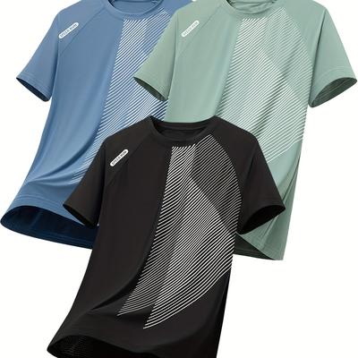 TEMU 3-pack Men's Casual Sports T-shirts, Breathable Stretch Polyester Blend, Crew Neck, Short Sleeve, Summer Wear With Printed , Suitable For Exercise And Outdoors Image