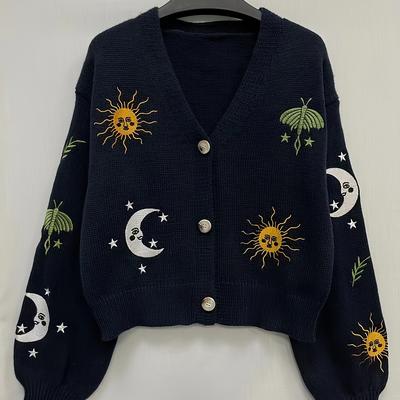 TEMU Women's Casual Acrylic Cardigan With Lantern Pattern, V-neck Long Sleeve Knit Sweater With Buttons Image