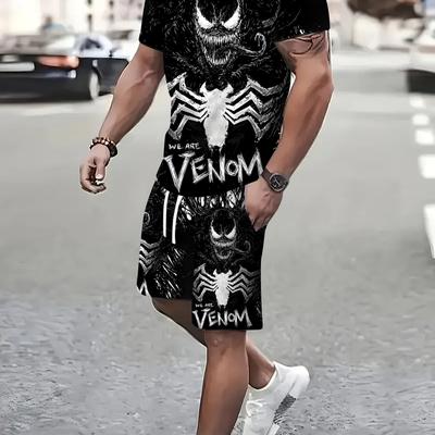 TEMU Men's Fashion Short Sleeve Shorts Set Line Classic Venom Sportswear, Outdoor Image