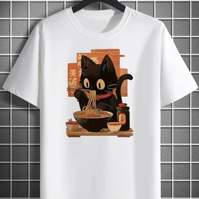 TEMU Design On Noodles, Men's Trendy Round-neck Short-sleeve T-shirt, Casual And Comfortable Lightweight Summer Top. Image