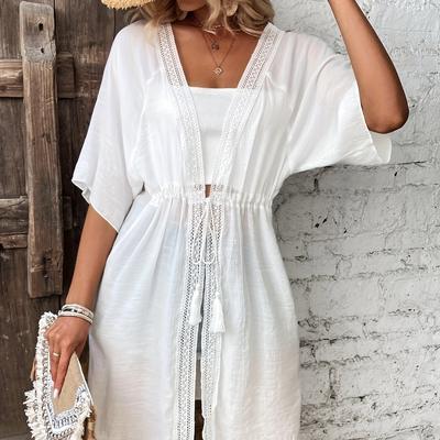 TEMU Women's Lightweight Lace-trim Kimono Wrap Dress With Drawstring Waist And Raglan Sleeves - Cover-up For Casual Beach Or Summer , Soft Flowy Fabric, Dresses For Beach Image
