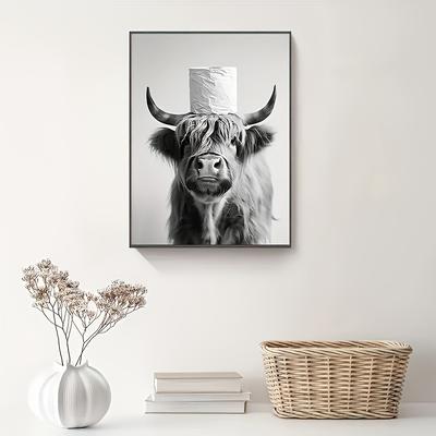 "TEMU Highland Cow Print 12x16" Canvas Wall Art - Bathroom Decor, Fun Animal Sign For" Image