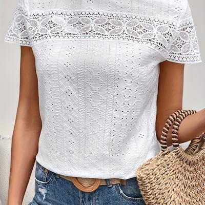 TEMU Women's Trim T-shirt - Elegant Semi-sheer Round Neck Top, Breathable Machine-washable Fabric, Chic Casual & Formal Wear, Versatile Wardrobe Staple, Lace Shirt, Delicate Embroidery Image