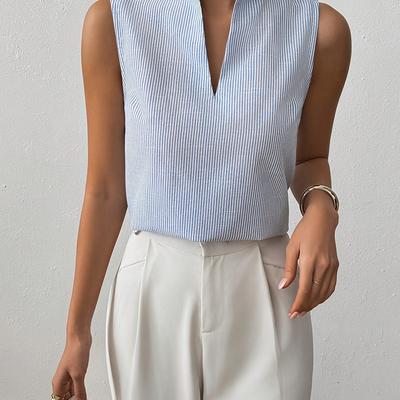 TEMU Women' Striped V-neck Blouse - 100% Polyester Summer Shirt With Vertical Stripes, Ruching Detail & Relaxed Fit For Casual Or Formal Wear Image