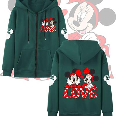 TEMU Women's & Mouse Hoodie - Green Casual Long Sleeve Zip-up Pullover With Heart Print, Autumn & Winter Wear, Autumn Winter Apparel | Print Hoodie | Zippered Hoodie, Mouse Hoodie Image
