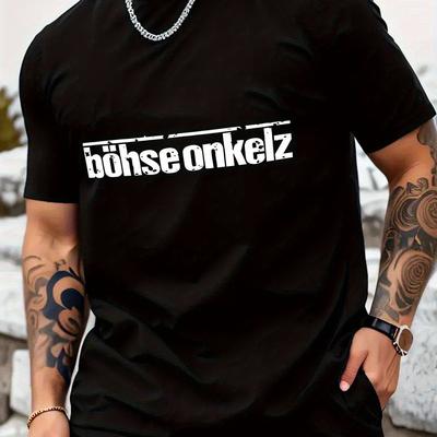 TEMU Men's Jnsdfs Cotton Blend T-shirt With Onkelz Graphic Print - Breathable Micro-stretch Knit Fabric, Regular Neck Short Sleeve Tee For Summer & Casual Wear, Cotton T Shirts, Shirt Image