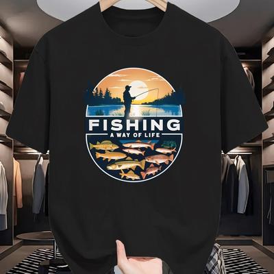 "TEMU Men's Casual Crew Neck T-shirt, "fishing Of Life" Print, Summer Short Sleeve Top, Polyester 95% Spandex 5%, Stretch, Knit Fabric, Regular Fit, 180gsm - Yellow" Image