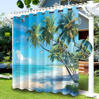 Waterproof Outdoor Curtain Privacy, Sliding Patio Curtain Drapes, Pergola Curtains Grommet Beach Palm Trees Landscape For Gazebo, Balcony, Porch, Party, 1 Panel