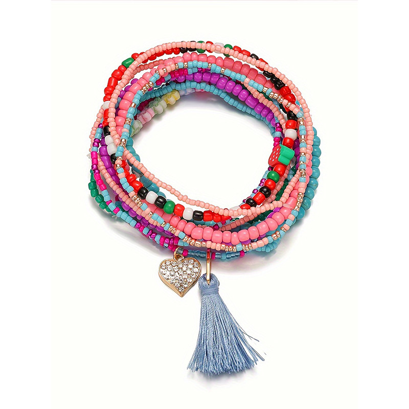 Bohemian Beaded Wrap Bracelet Set – Multicolor Handmade Stretch Bracelets with Tassel Charm, Trendy Layered Stackable Jewelry for Women Girls, Perfect for Summer, Beach Festivals