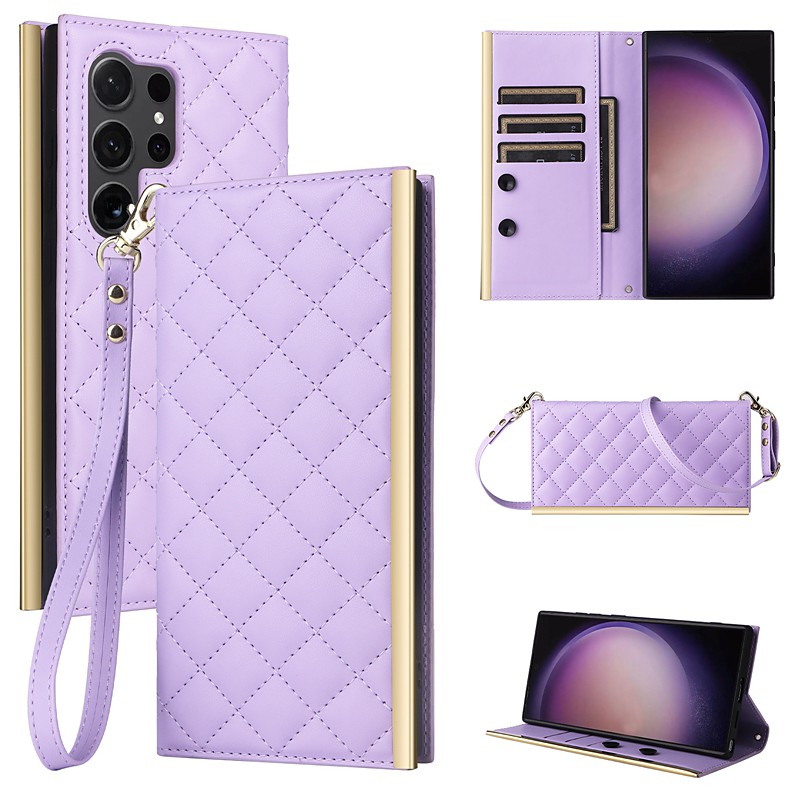 Phone Case For Samsung Galaxy S26 Ultra Plus S25 S24 S23 S22 S23 FE S21 Ultra Plus S20 Wallet Case with Lanyard with Wrist Strap Kickstand Geometric Pattern TPU PU Leather