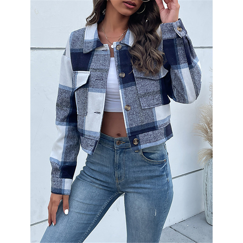 Women's Casual Jacket Outdoor Street Daily Wear Fall Winter Short Coat Regular Fit Thermal Warm Breathable Stylish Casual Jacket Long Sleeve Stripes and Plaid with Pockets Print Black Navy Blue Purple