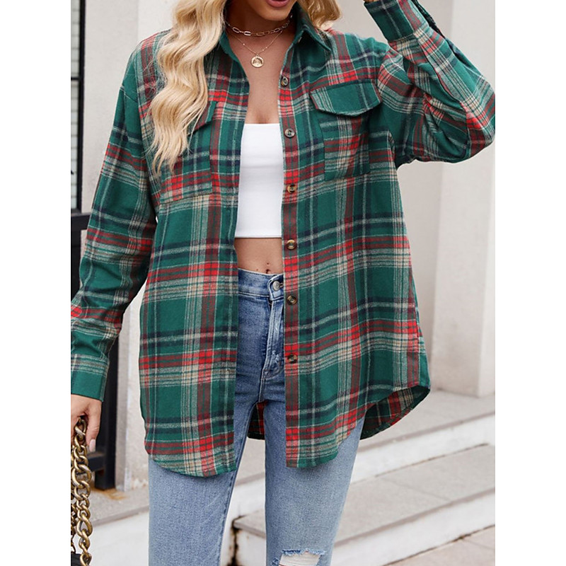 Women's Casual Jacket Outdoor Street Daily Wear Fall Winter Regular Coat Regular Fit Thermal Warm Breathable Stylish Casual Jacket Long Sleeve Stripes and Plaid with Pockets Print Pink Red Orange