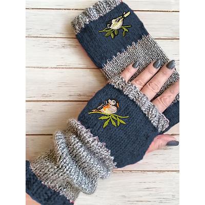 Hand-Knitted Bird Embroidered Fingerless Gloves - Cozy Winter Mittens for Women, Warm Knitted Wool Arm Warmers