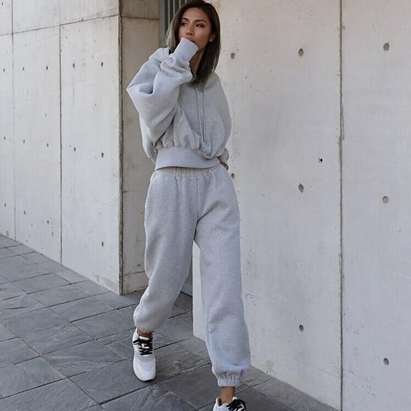Women's Tracksuit Sweatsuit 2 Piece Street Long Sleeve Velvet Thermal Warm Breathable Soft Fitness Gym Workout Running Sportswear Activewear Solid Colored Gray Dark Gray Khaki / Hoodie / Athleisure