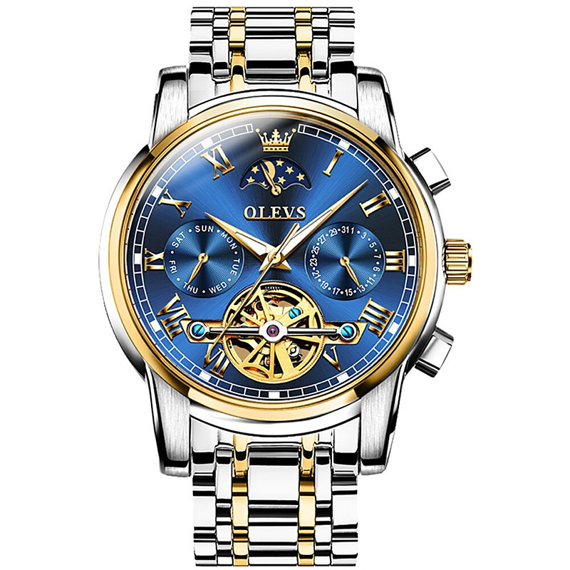 OLEVS Men Mechanical Watch Calendar Luxury Waterproof Fashion Automatic Self-winding Moon phase Luminous Stainless Steel Strap Watch