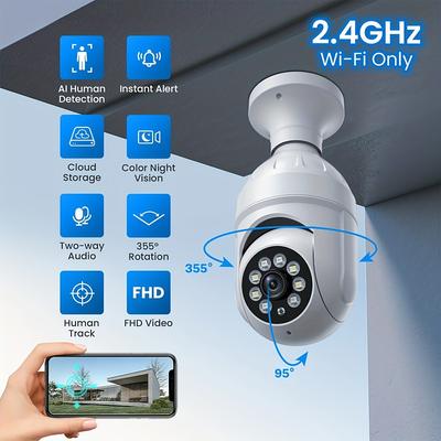 A6 Light Bulb Camera HD Full Color Night Vision Security Surveillance Camera 360 Degree Wireless Wifi Camera E27 Light Bulb Security Camera Human Detection and Human Track