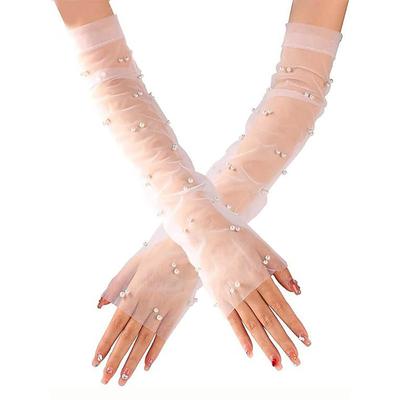Elegant Sheer Pearl Bridal Gloves – Long Tulle Wedding Gloves for Women, Vintage Mesh Fingerless Sleeves, Formal Party Special Occasion Accessory
