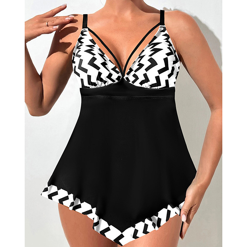 Women's Tankini Two Piece Swimsuit V Neck Swimwear Swimwear Black / White White Breathable Quick Dry Lightweight Sleeveless - Swimming Surfing Beach Summer Spring Plus Size