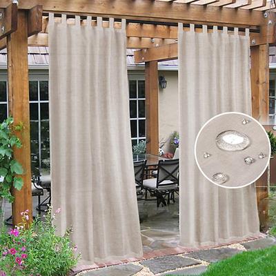 Outdoor Linen Sheer Curtains for Patio Waterproof Indoor/Outdoor Divider Privacy Added Light Filtering Porch Decor with Detachable Self-Stick Tab Top for Gazebo/Cabana, Natural, 2 Panels
