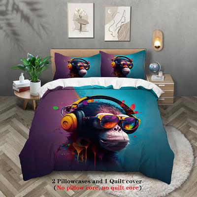 Cool Earphones Monkey Printed 3-Piece Down Duvet Set Hotel Bedroom Room Luxury Bedding Comfortable Set 1 Down Duvet Set 2 Pillowcase Queen Bed Set 2 Piece Set 3 Piece Set Intimate Grinding Soft Short