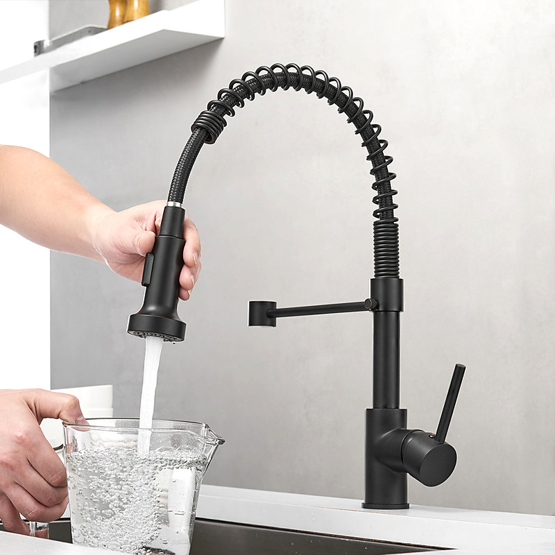 Kitchen Sink Mixer Faucet with Pull Out Sprayer, 360 swivel High Arc Single Handle Spring Pull Down Kitchen Taps Deck Mounted, One Hole Brass Kitchen Sink Faucet Water Vessel Taps