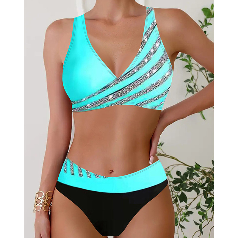Women's Tankini Two Piece Swimsuit V Neck Swimwear Stripes Swimwear Black Wine Breathable Quick Dry Lightweight Sleeveless - Swimming Surfing Beach Summer Spring