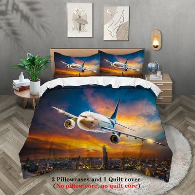 Sunset Sunset Civil Aviation Aircraft Printed 3-Piece Down Quilt Set Hotel Bedroom Guest Room Luxury Bedding Comfortable Set 1 Down Quilt Set 2 Pillowcases Queen Bed Set 2 Piece Set 3 Pie