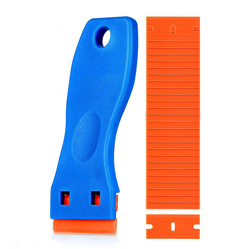 Plastic Razor Blade Scraper and 100 Pcs Blades, Remove Label Decal Tool,Forwithout Scratches Plastic Razor Blade Scraper, Adhesive Remover for Kitchen Appliances,Stickers and Paints on Window