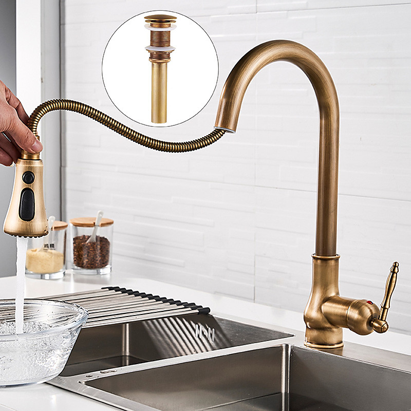 Kitchen Sink Mixer Faucet with Pull Out Spray, 360 Swivel Pull Down Vessel Taps Antique Brass/Black Deck Mounted, Antique Single Handle One Hole Kitchen Taps
