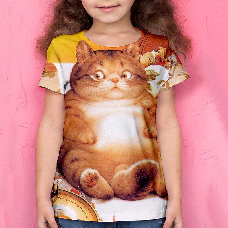 Girls' 3D Animal Cat T shirt Tee Short Sleeve 3D Print Summer Active Polyester Kids 4-12 Years School Daily Wear Regular Fit