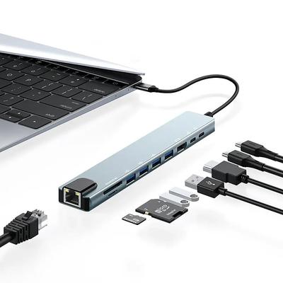10 in 1 USB Hubs with HD 4K@30Hz USB3.0 USB2.0 Type-C 2.0 RJ45 Ethernet 100W PD Charging SD TF Card Slots Docking Station