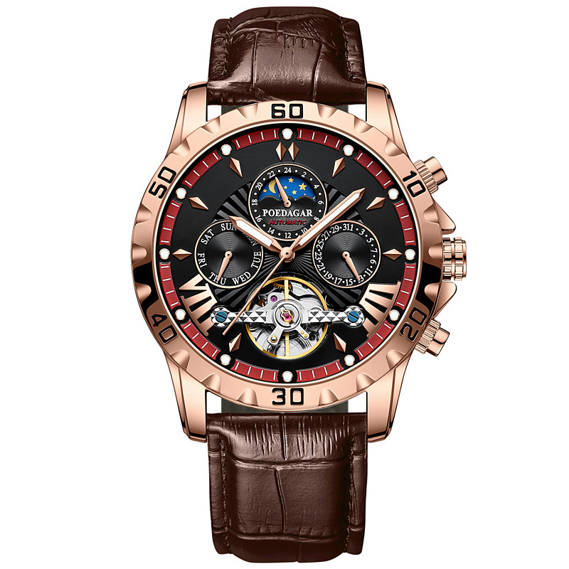 1410 Men's Automatic Mechanical Watch – Multifunctional Tourbillon with Genuine Leather Strap, Luminous Dial, 30M Waterproof, Sapphire Glass, Classic Business