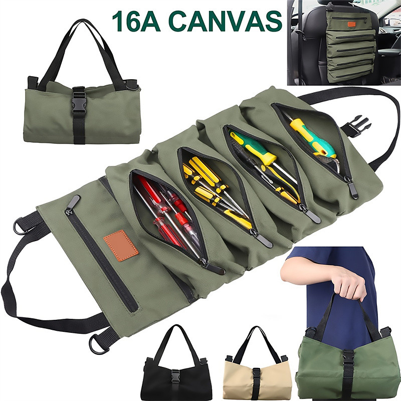 NEW Multi-Purpose Roll Up Tool Bag Hanging Canvas Wrench Tool Bag Storage Bag with 5 Zipper Bags Tool Car Accessories
