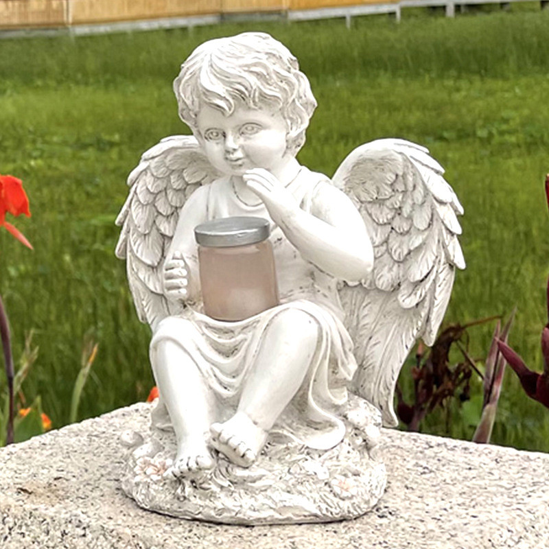 Garden Angel Statyes, Angel Fairy Statuette with Solar Light, Garden Resin Angel Figurines Ornament Angel Decoration for Lawn Cemetery Memorial Gifts, Guardian Angel Garden Statuette-Girl