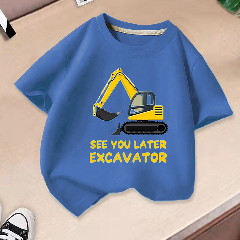 100% Cotton Kids Boys Black White Blue Cartoon Vehicle T shirt Tops Crew Neck Short Sleeve Casual Daily Wear Vacation Fashion Sport Print Summer