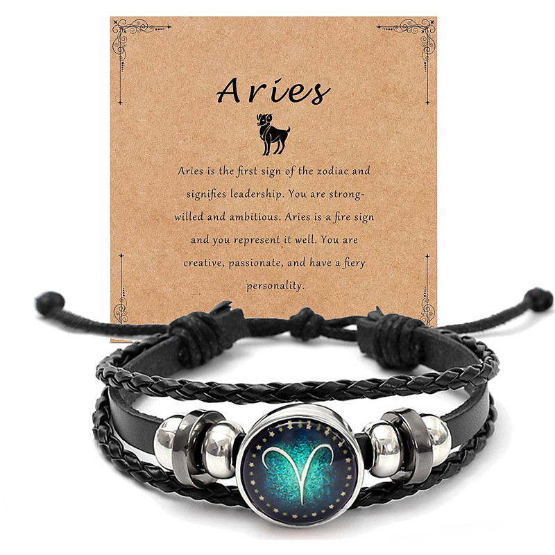 Multilayer Constellation Zodiac Leather Bracelet Handmade Woven Zodiac Sign Wrap Bracelet Wristband for Women Men Jewelry Birthday Gift Christmas Gift