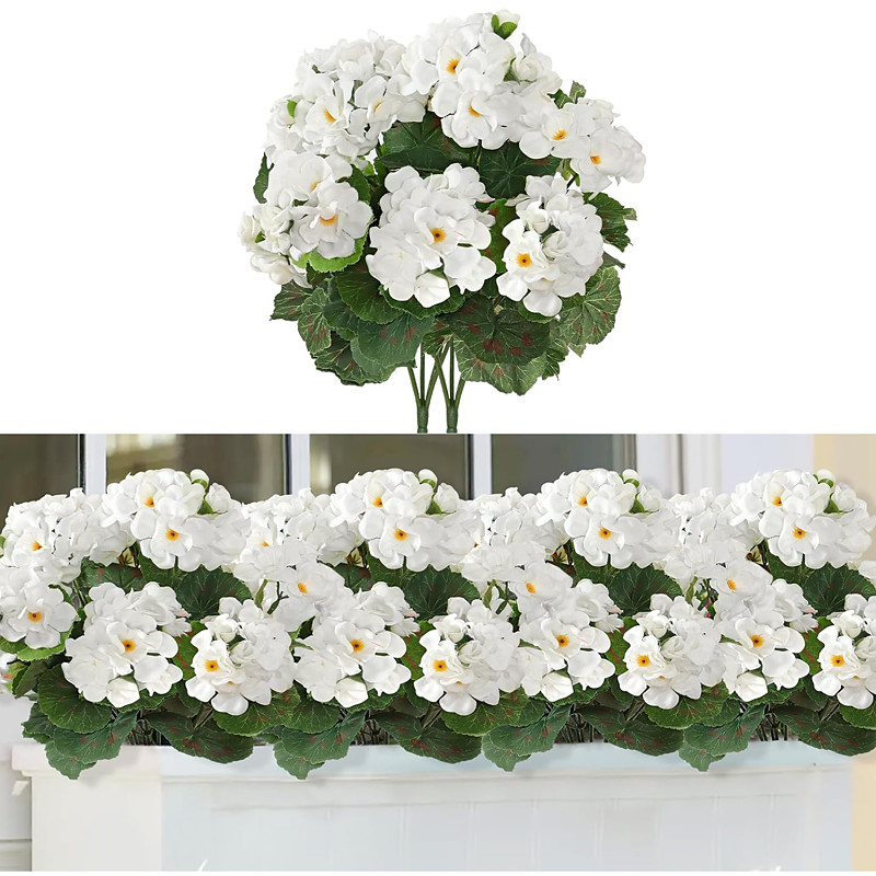 Artificial Red Geranium Silk Flowers Outdoor Plant Bush 2 Bundles Faux Flowers Geraniums for Outdoors Floral Home Decor Indoor Garden Patio Vase Grave Cemetary Table Centerpieces Decor