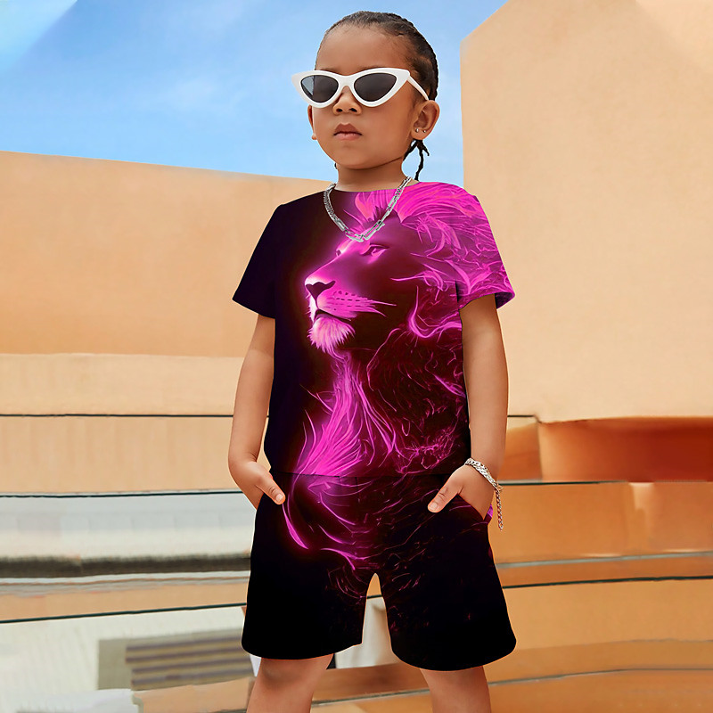 Boys 3D Graphic Animal Lion T-shirt Shorts T-shirtSet Clothing Set Short Sleeve 3D prints Summer Spring Active Sports Fashion Polyester Kids 4-12 Years Outdoor Street Vacation Regular Fit