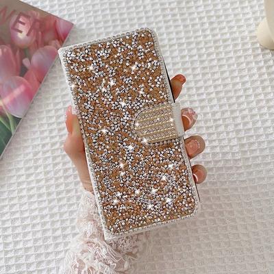 Phone Case For Samsung Galaxy S25 S24 S23 S22 S21 FE S21 Ultra Plus A55 5G A35 5G A25 A15 Wallet Case Bling Rhinestone with Phone Strap Glitter Shine Crystal Diamond PU Leather