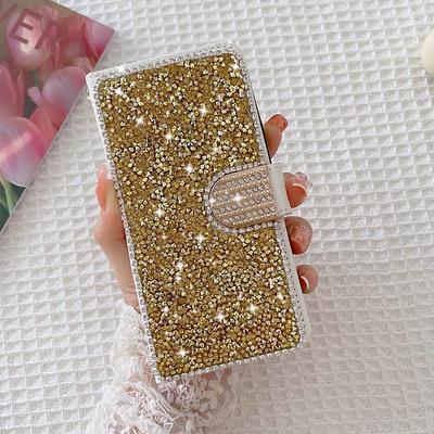 Phone Case For Samsung Galaxy S25 S24 S23 S22 S21 FE S21 Ultra Plus A55 5G A35 5G A25 A15 Wallet Case Bling Rhinestone with Phone Strap Glitter Shine Crystal Diamond PU Leather